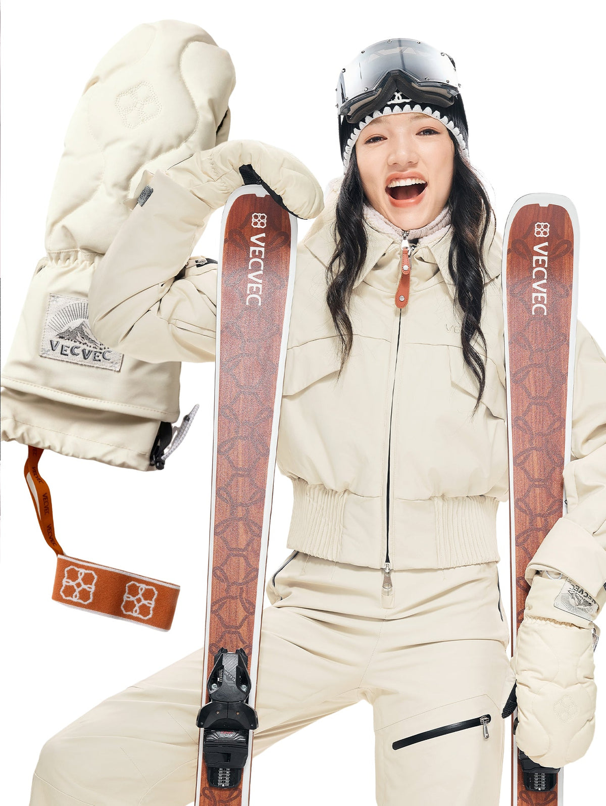 Non-Removable Five-Finger Wrist Guard Down-Filled Ski Gloves -